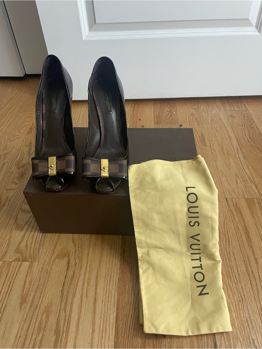 Louis Vuitton Brown Peep-Toe Bow Pumps with Gold Accent